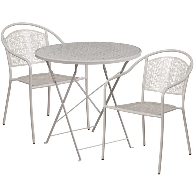 Flash Furniture Commercial Grade 30" Round Light Gray Indoor-Outdoor Steel Folding Patio Table Set with 2 Round Back Chairs