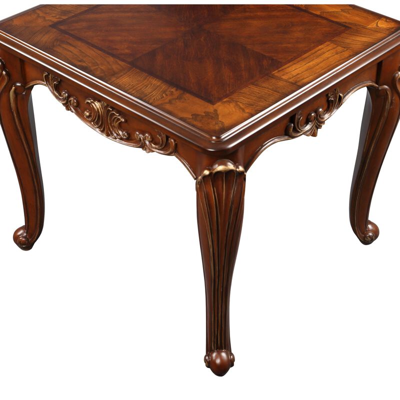 Lisa 28 Inch Side End Table, Ornate Curved Apron, Cabriole Legs, Brown - Benzara