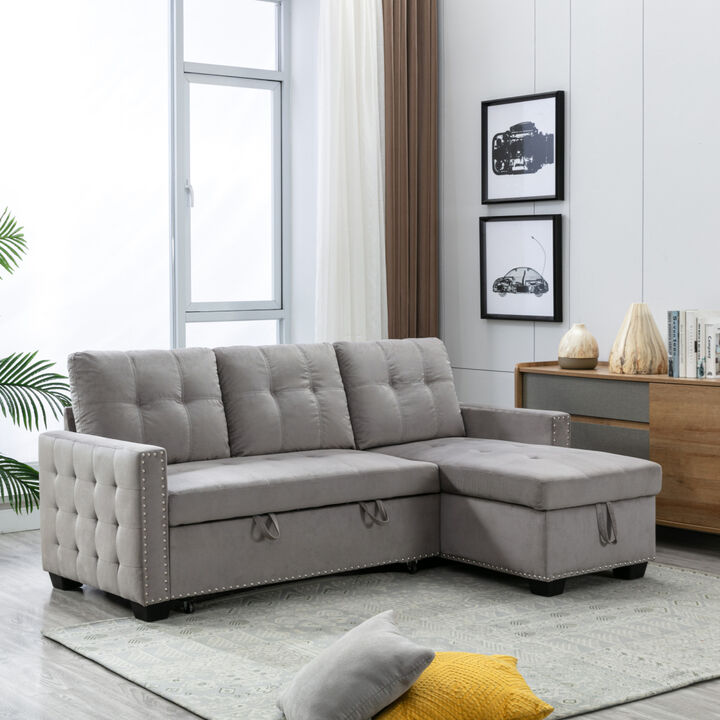 Reversible Storage Sleeper Sofa, L-Shaped Chaise With Velvet Fabric