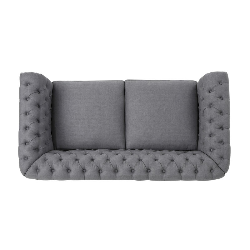 Bernie Loveseat 62 Inch Sofa, Nailhead Trim, Solid Wood, Gray Tufted Fabric - Benzara