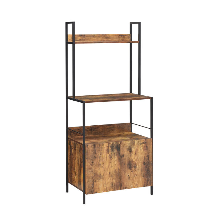 66 Inch Industrial Style 3 Tier Kitchen Baker Rack with Storage Cabinet, Rustic Brown, Black Metal Frame-Benzara