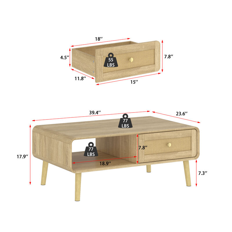 FUFU&GAGA Mid-Century Coffee Table with Storage, Wooden Center Table with Drawer & Open Shelf, (39.4" W x 17.9" H x 23.6" D), Natural Oak