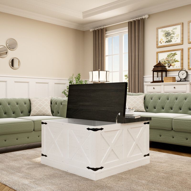 Mondawe Farmhouse Coffee Table, With Hinged Lifting Top Square Wooden Central Table