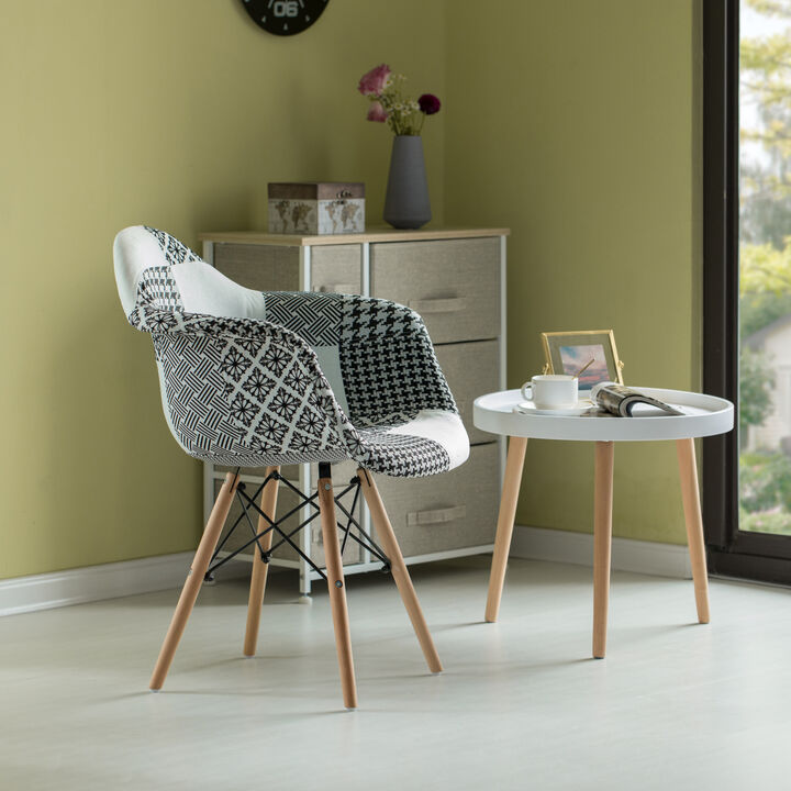 Mid-Century Modern Style Fabric Lined Armchair with Beech Wooden Legs, Black and White