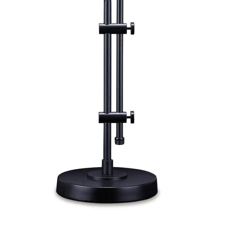 Mney Table Lamp, Adjustable Arm, White Drum Shade, 28 Inch Black Metal - Benzara