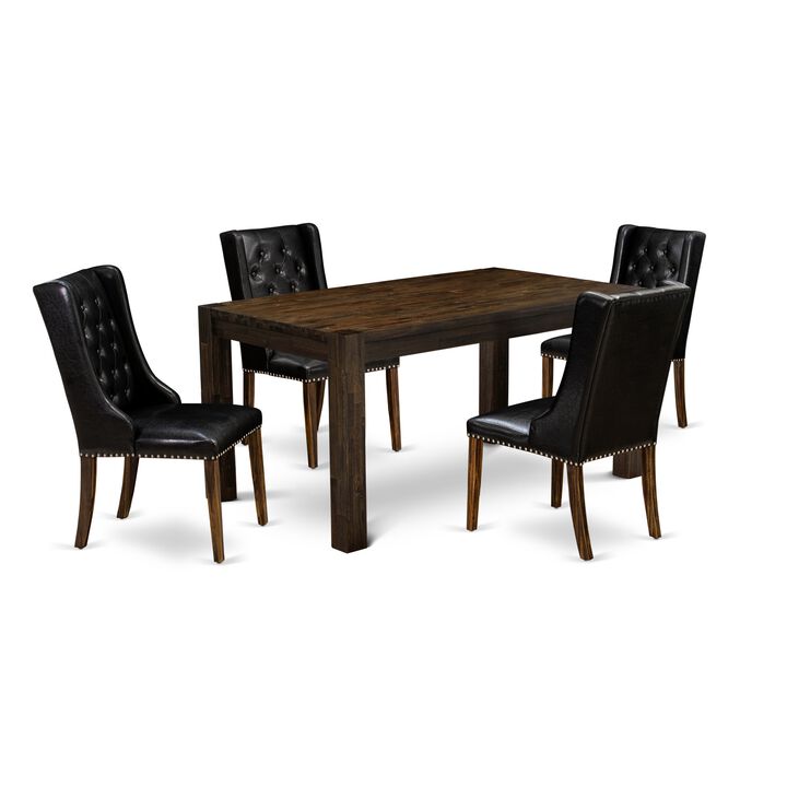 East West Furniture East West Furniture CNFO5-77-49 5-Pc Kitchen Dining Room Set 4 Black Linen Fabric Dining Padded Chairs with Button Tufted Back and 1 Beautiful Rectangular Table - Distressed Jacobean Finish