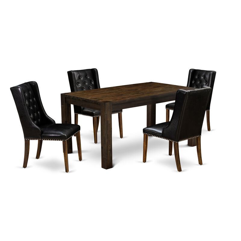 East West Furniture East West Furniture CNFO5-77-49 5-Pc Kitchen Dining Room Set 4 Black Linen Fabric Dining Padded Chairs with Button Tufted Back and 1 Beautiful Rectangular Table - Distressed Jacobean Finish