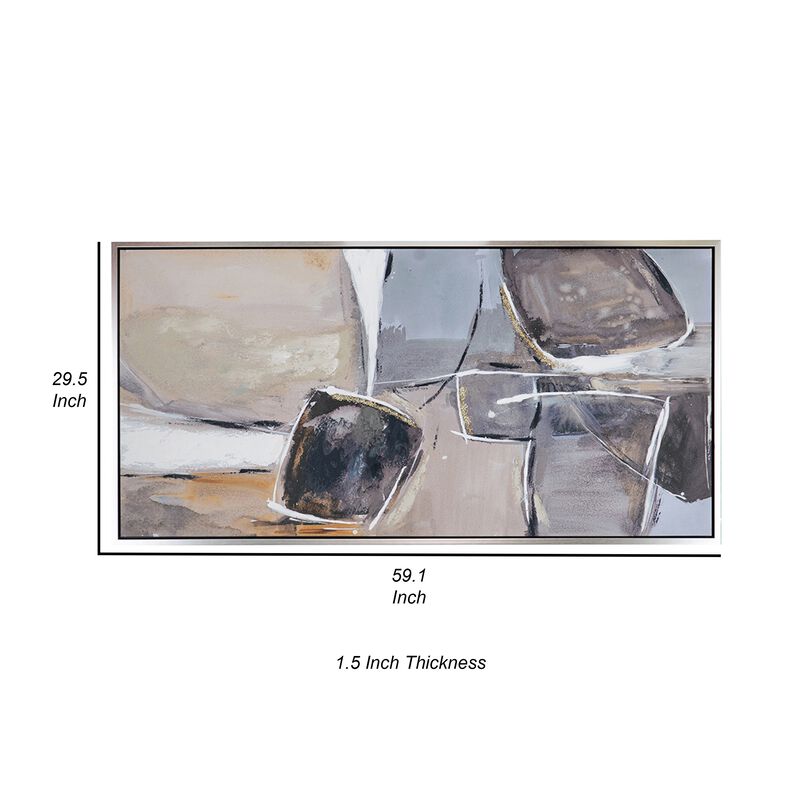 30 x 59  Abstract Oil Painting, Rectanglular Poly Canvas, Wood, Beige, Gray - Benzara