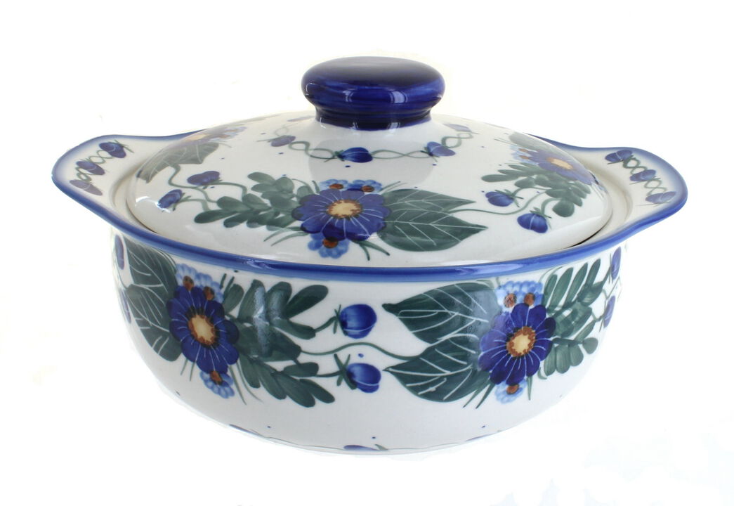 Blue Rose Polish Pottery Lavender Fields Round Covered Baker