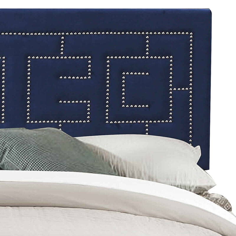 Fabric Eastern King Bed with Geometric Pattern Nailhead Trims, Blue-Benzara