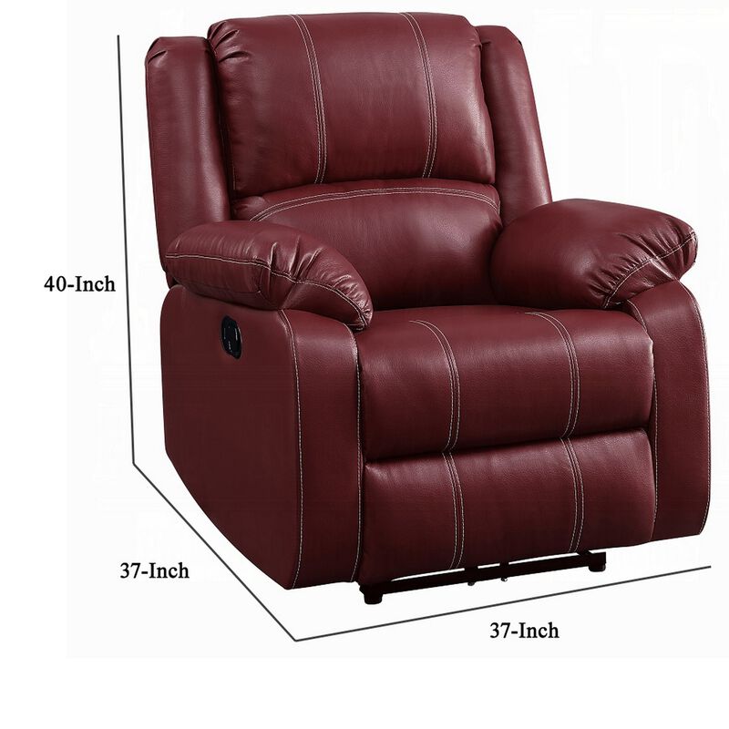 Zuru Motion Manual Rocker Recliner Chair, Plush Dark Red Faux Leather - Benzara