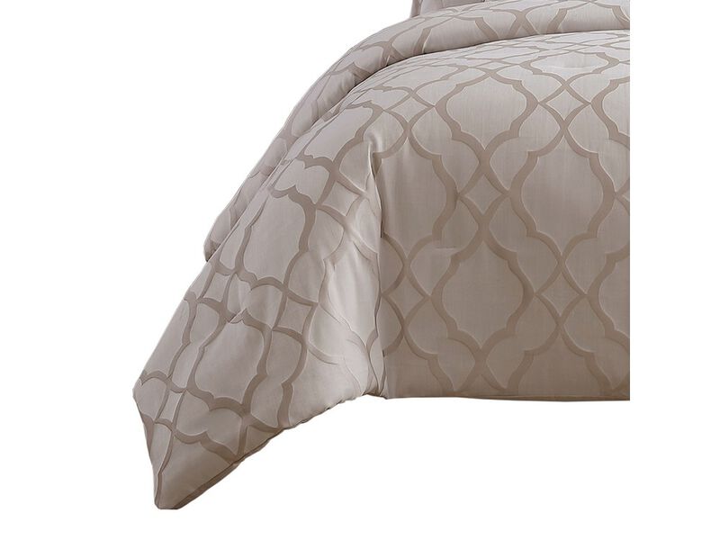 9pc Queen Size Comforter Set with Quatrefoil Prints, White Polyester - Benzara