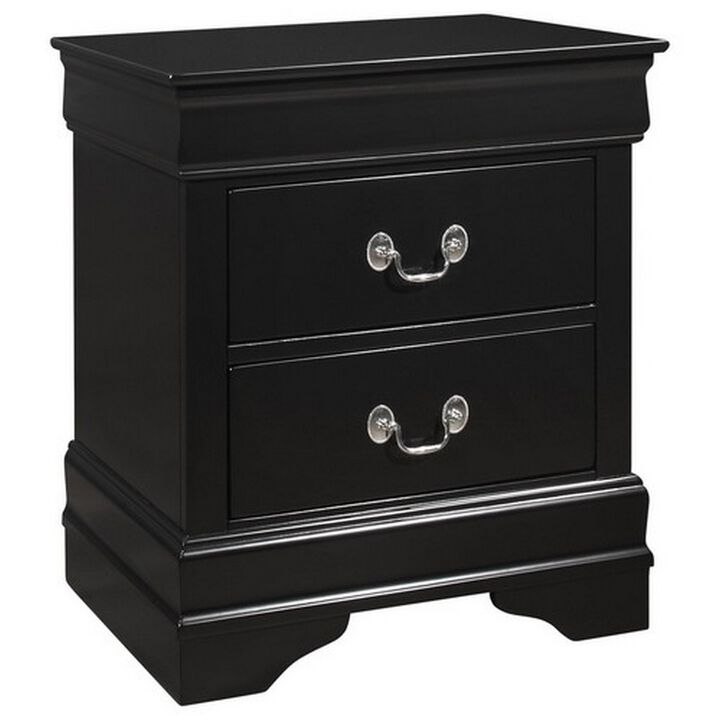 2 Drawer Wooden Frame Nightstand with Antique Metal Pulls, Black-Benzara