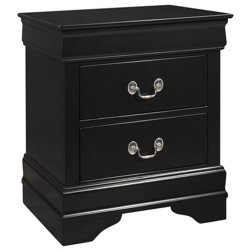 2 Drawer Wooden Frame Nightstand with Antique Metal Pulls, Black-Benzara