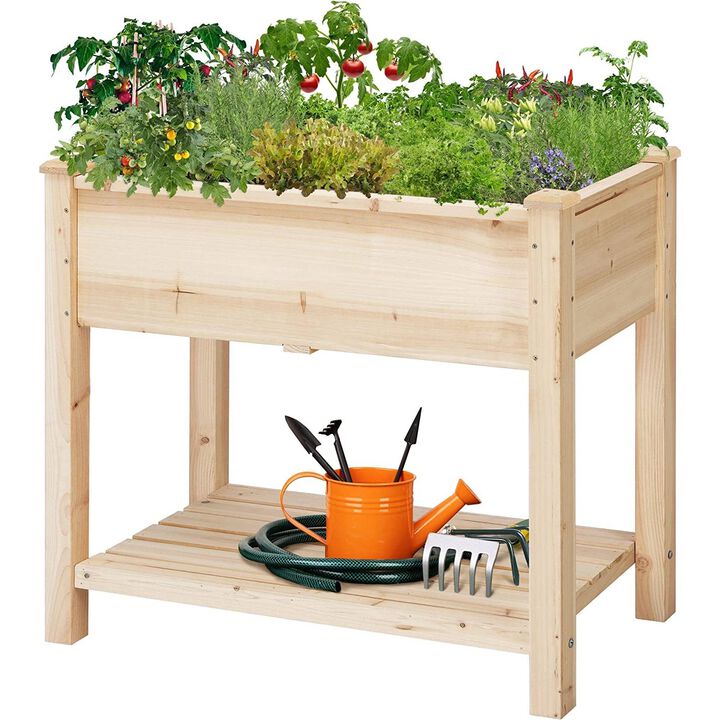 Hivvago Solid Wood 2 Tier Raised Garden Bed Planter Bed with Bottom Storage Shelf