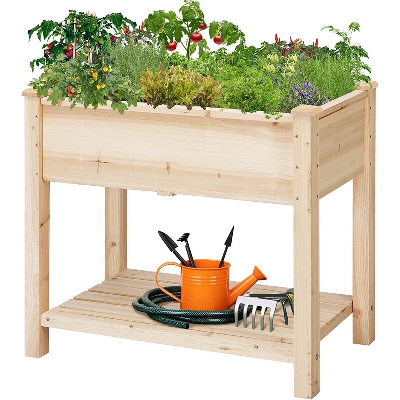 Hivvago Solid Wood 2 Tier Raised Garden Bed Planter Bed with Bottom Storage Shelf