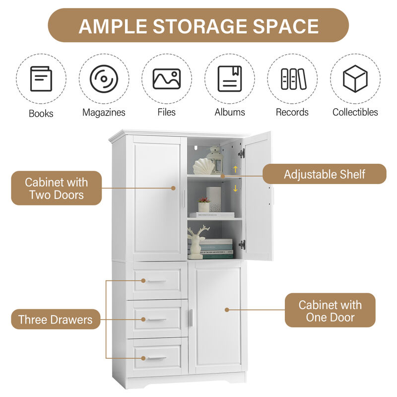 Tall And Wide Storage Cabinet With Doors For Bathroom/Office, Three Drawers, White