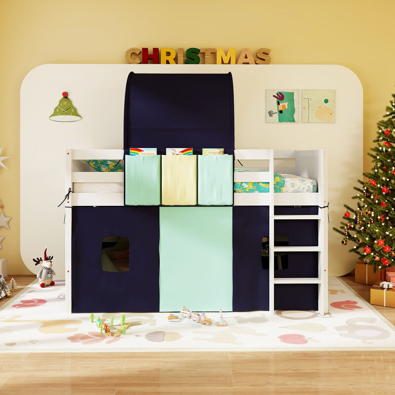 Loft Bed Playhouse Bed Frame with Tower Tent and 3 Storage Pockets