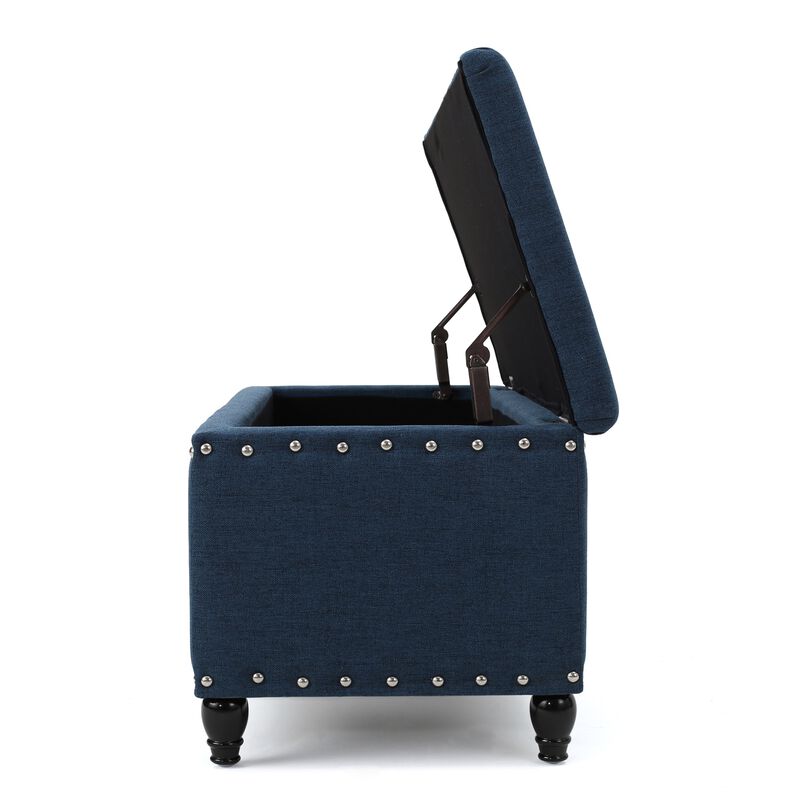 Sharon Storage Ottoman Bench, Navy Blue Fabric, Nailhead Trim, 42 Inch -Benzara