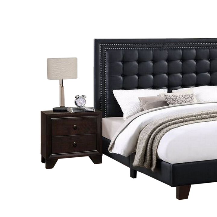 Vea Platform California King Bed, Tufted Upholstery, Black Faux Leather - Benzara