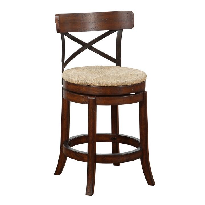 Mia 24 Inch Swivel Counter Stool, Crossed Metal Back, Sedge Seat, Brown-Benzara