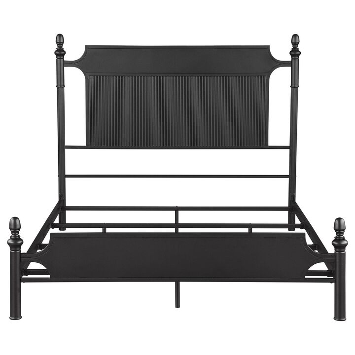 Dei Queen Size Bed, Classic Ribbed Panel Headboard, Black Metal Frame - Benzara