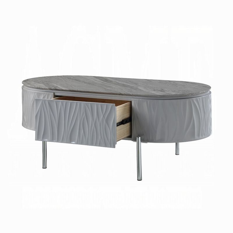 Doug Coffee Table, Gray High Gloss, Chrome Metal, Gray Wood, 47 Inch - Benzara