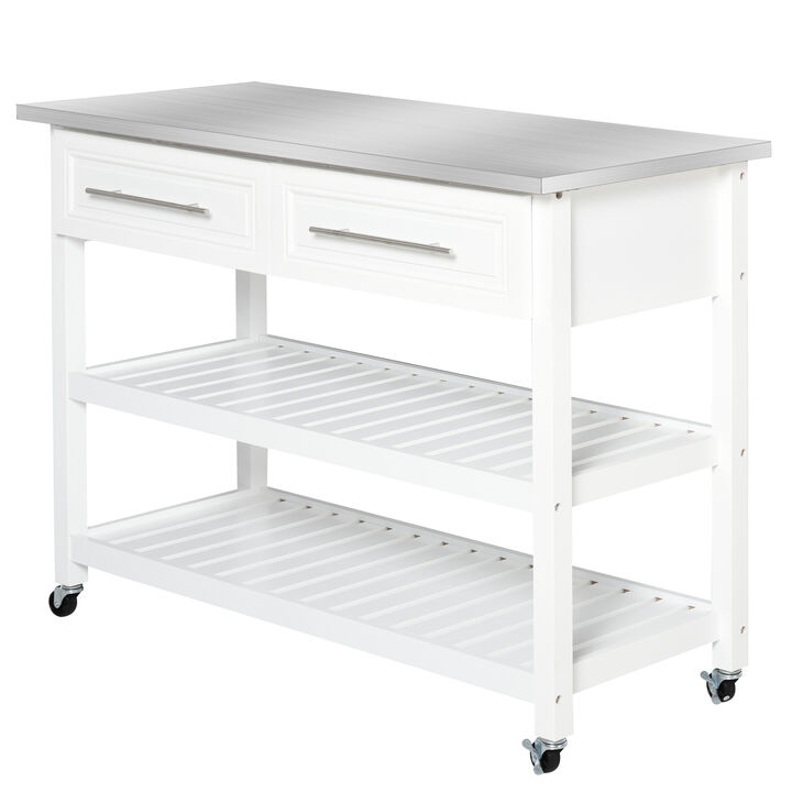 Stainless Steel Top Kitchen Island Utility Serving Storage Cart on Wheels White