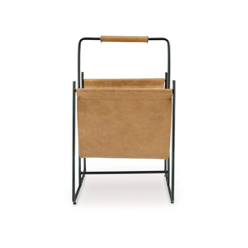 Faron Magazine File Rack with Handles, Black Metal, Brown Leather - Benzara