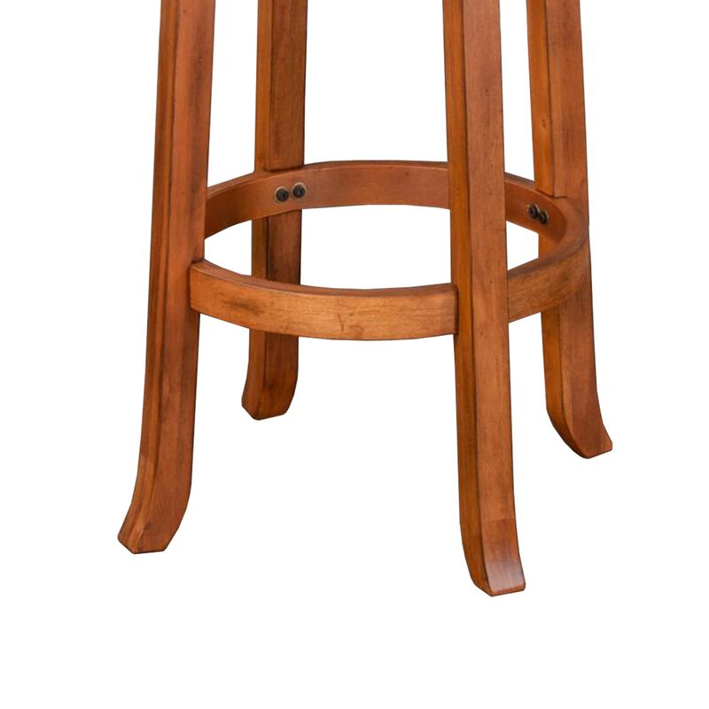 Marv Swivel Barstool Chair Set of 2, Brown Faux Leather, Mahogany Wood - Benzara