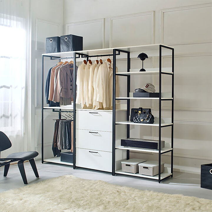 Fiona 96 in. W White Freestanding 3 Tower System 7 -Shelf Walk in Wood Closet System with Metal Frame