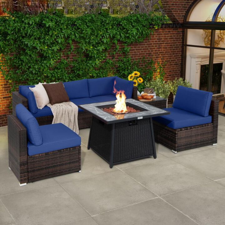 Hivvago 7 Pieces Patio Furniture Set with 35 Inches 50000 BTU Propane Gas Fire Pit Table and Waterproof Cover for Firpit