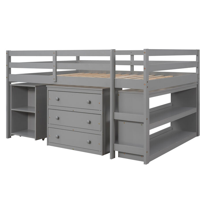 Low Study Full Loft Bed With Cabinet, Shelves And Rolling Portable Desk, Multiple Functions Low Study Full Loft Bed With Cabinet, Shelves And Rolling Portable Desk, Multiple Functions