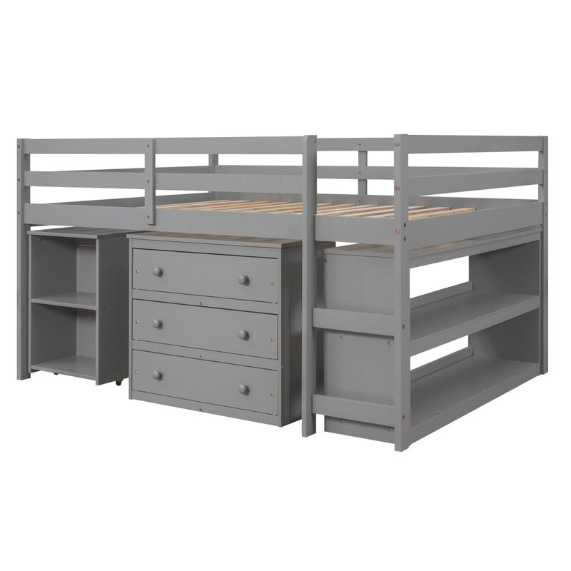 Low Study Full Loft Bed With Cabinet, Shelves And Rolling Portable Desk, Multiple Functions