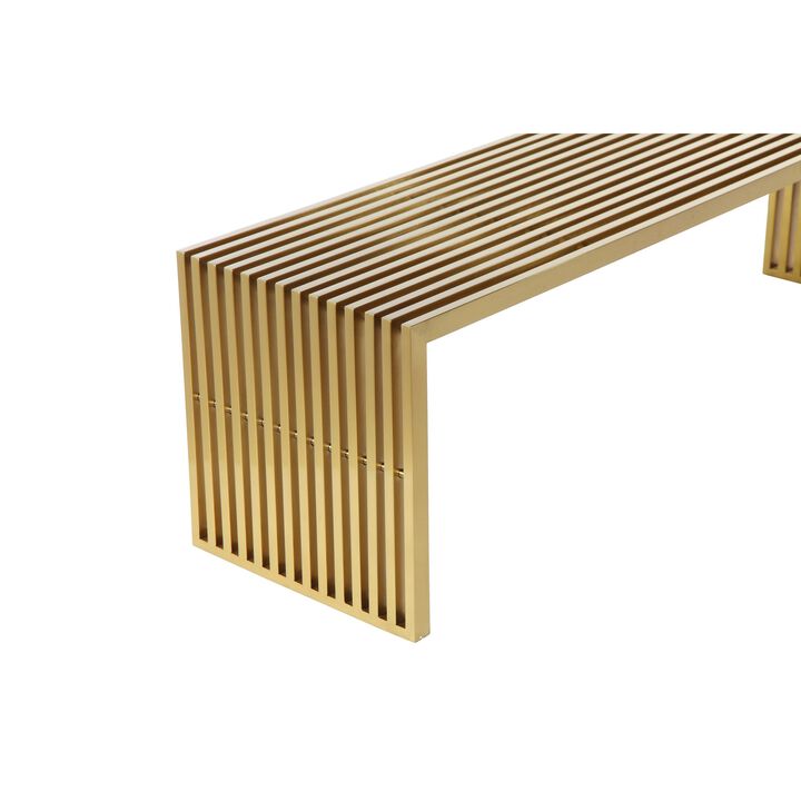 Niki 55 Inch Accent Bench, Slatted, Rectangular, Luxurious Brushed Gold - Benzara