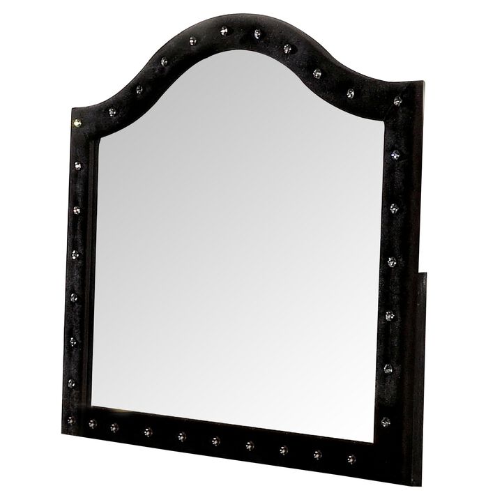 44 Inch Wall Mirror, Velvet Wrapping, Button Tufting, Black-Benzara