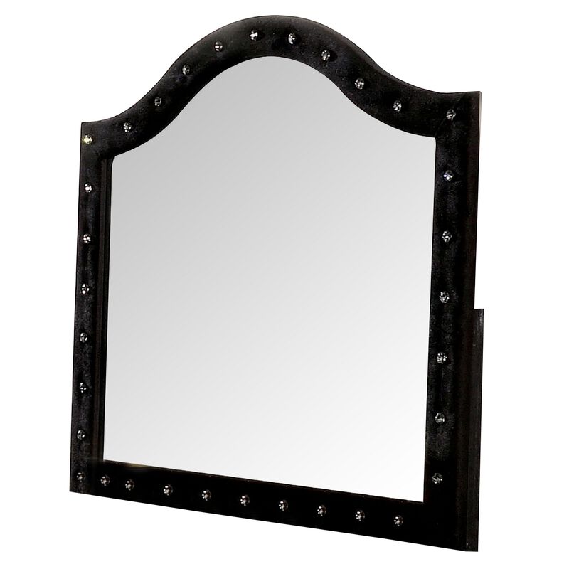 44 Inch Wall Mirror, Velvet Wrapping, Button Tufting, Black-Benzara