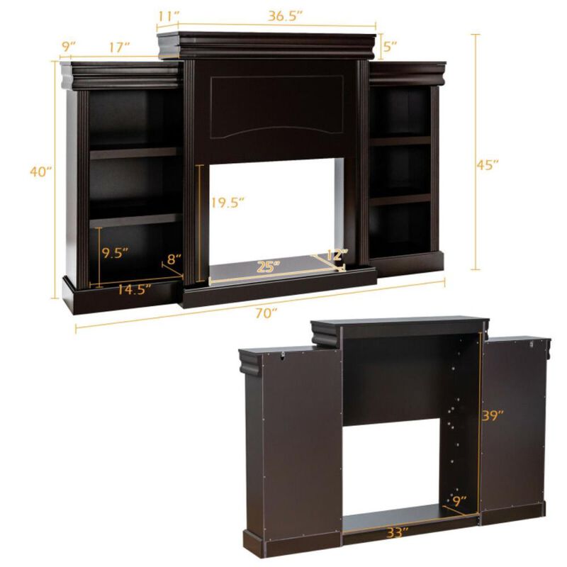 Hivvago 70 Inch Modern Fireplace Media Entertainment Center with Bookcase-Brown