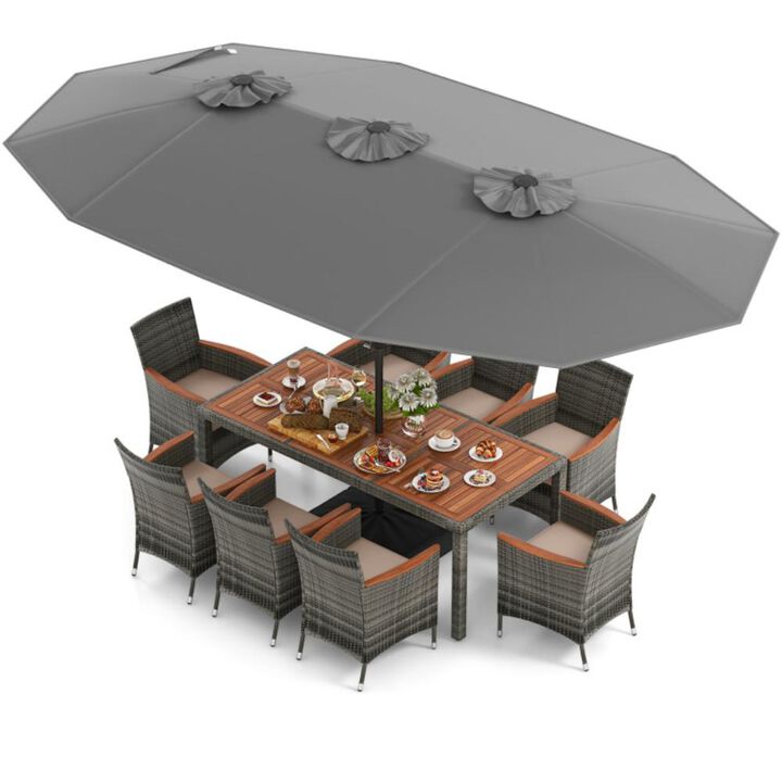 Hivvago 10 Pieces Patio Wicker Dining Set with 15 Feet Double-Sided Patio Umbrella