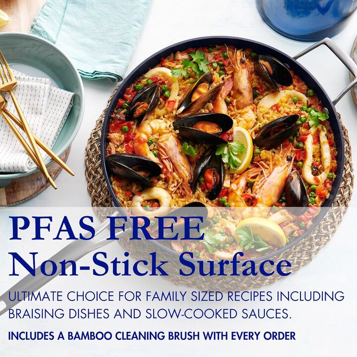 Blu. Cookware 12.6” Induction Frying Pan, Non-Toxic, Durable Non-Stick Ceramic, PFA/PFOA-Free, Suitable for All Cooktops, Includes Bamboo Brush