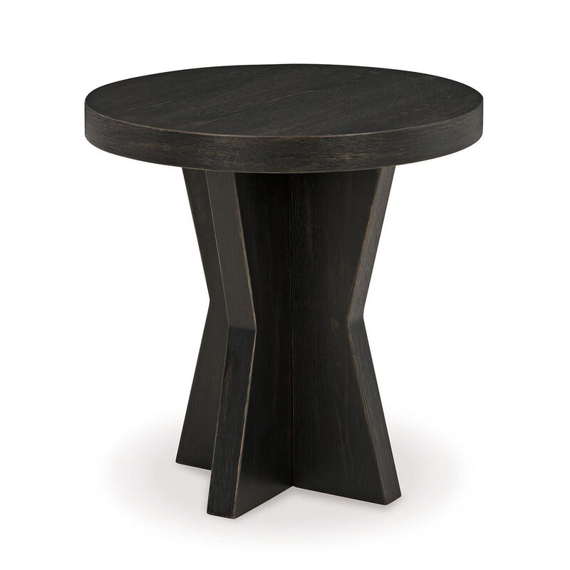 Dani Round Side End Table, Geometric Design, 24 Inch Black Rustic Oak - Benzara