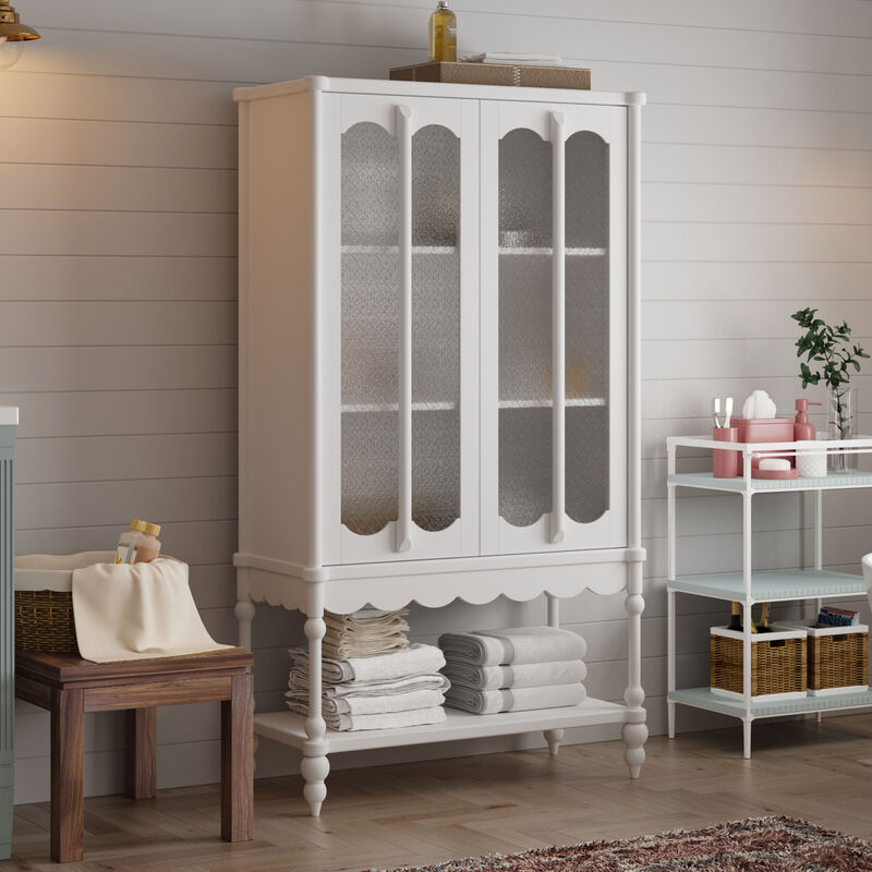 FUFU&GAGA Elegant White Bathroom Storage Cabinet – 2 Glass Doors & Open Shelf, Sturdy MDF Bathroom Organizer (34.8" W x 15.7" D x 62.2" H), White