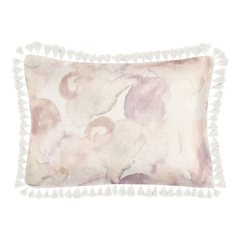 Luos Lumbar Throw Pillow, 14x20 Inch Tasseled Edges, Pink Cotton Linen - Benzara