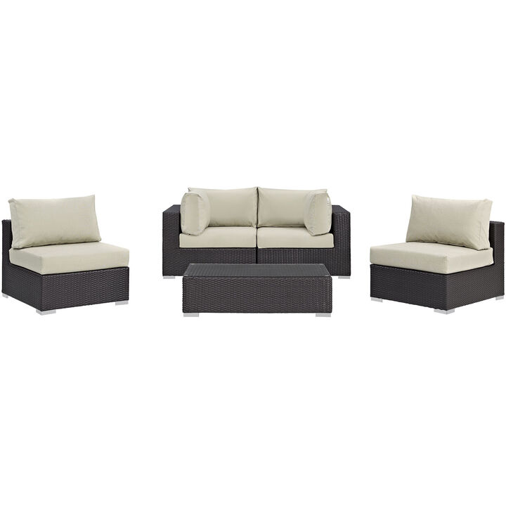 Convene 5 Piece Outdoor Patio Sectional Set - Espresso Beige