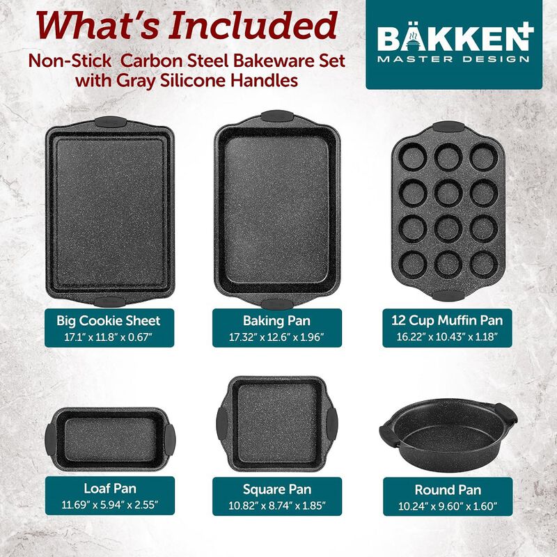 6-Piece Nonstick Gray Marble Coated Bakeware Set - Professional Quality Carbon Steel Pans with Silicone Handles - Ideal for Oven, Refrigerator, Freezer - Dishwasher Safe