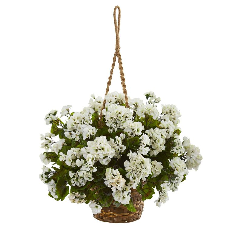 Nearly Natural 19-in Geranium Hanging Basket UV Resistant (Indoor/Outdoor)
