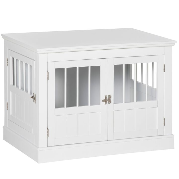 White Pet Haven: Wooden Dog Crate End Table with Triple Doors