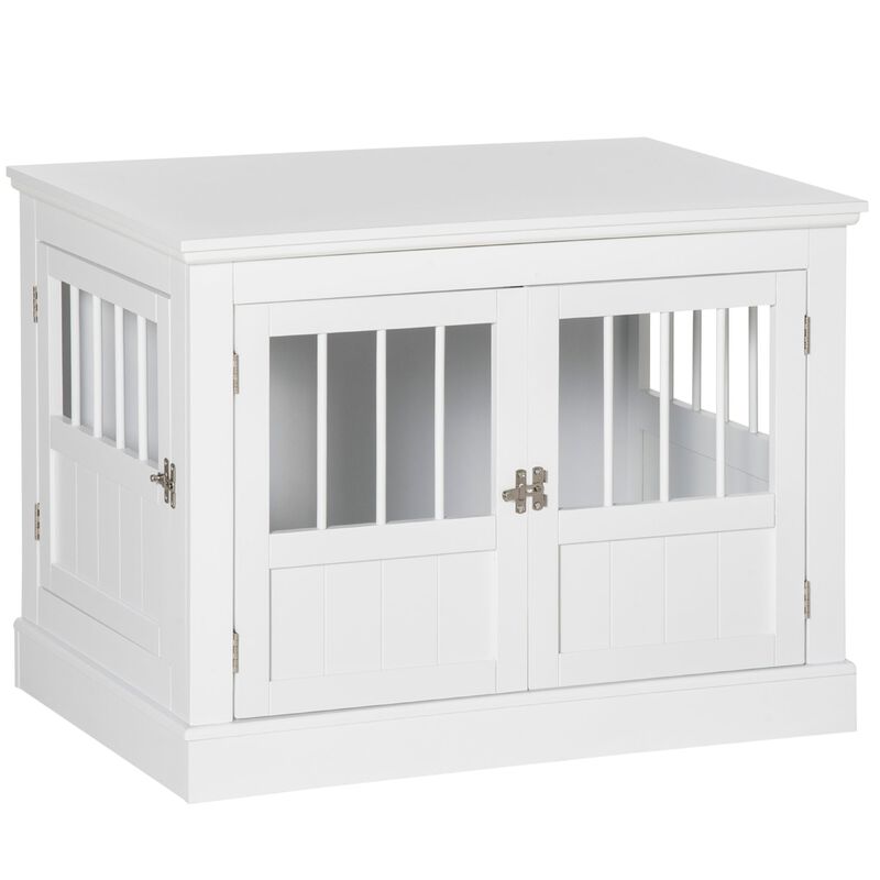 White Pet Haven: Wooden Dog Crate End Table with Triple Doors