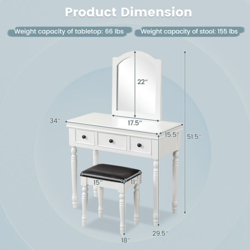 Hivvago Makeup Vanity Table and Stool Set with Detachable Mirror and 3 Drawers Storage