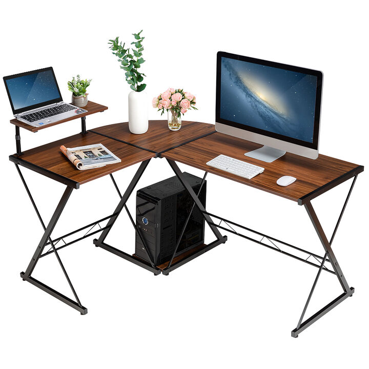Costway 58'' x 44'' L-Shaped Computer Gaming Desk w/ Monitor Stand & Host Tray Home Office Antique